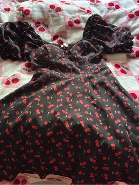 Black Cherry Print Puff Sleeve Mini Dress